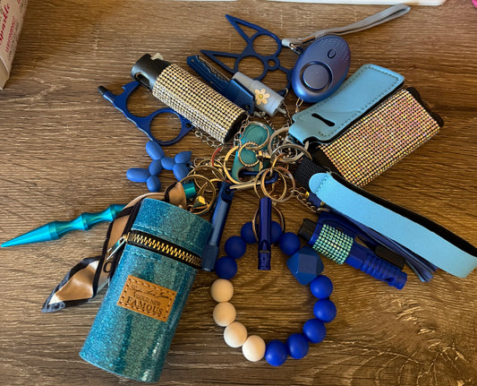 15 piece blue and silver safety keychain set!